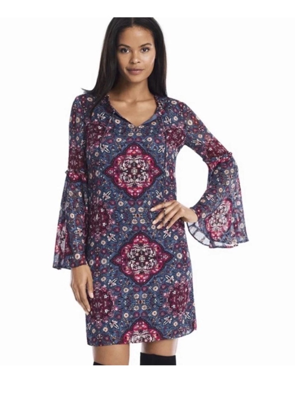 2 for $20 sale White House black market angel sleeve sheath dress blue medallion
